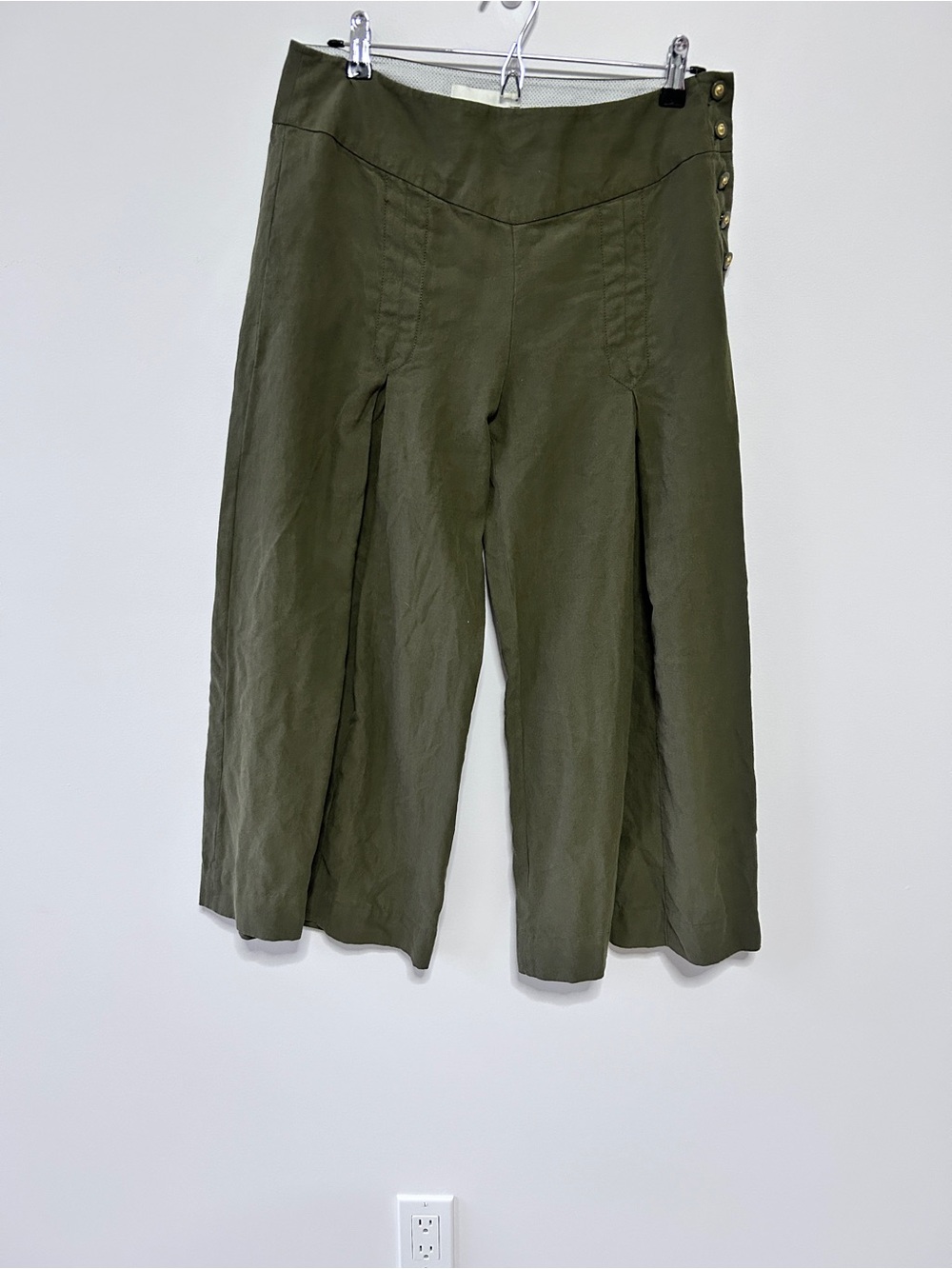 Anthropologie Elevenses Pants Women's 8 Green Silk blnd Wide Leg Cropped Culotte